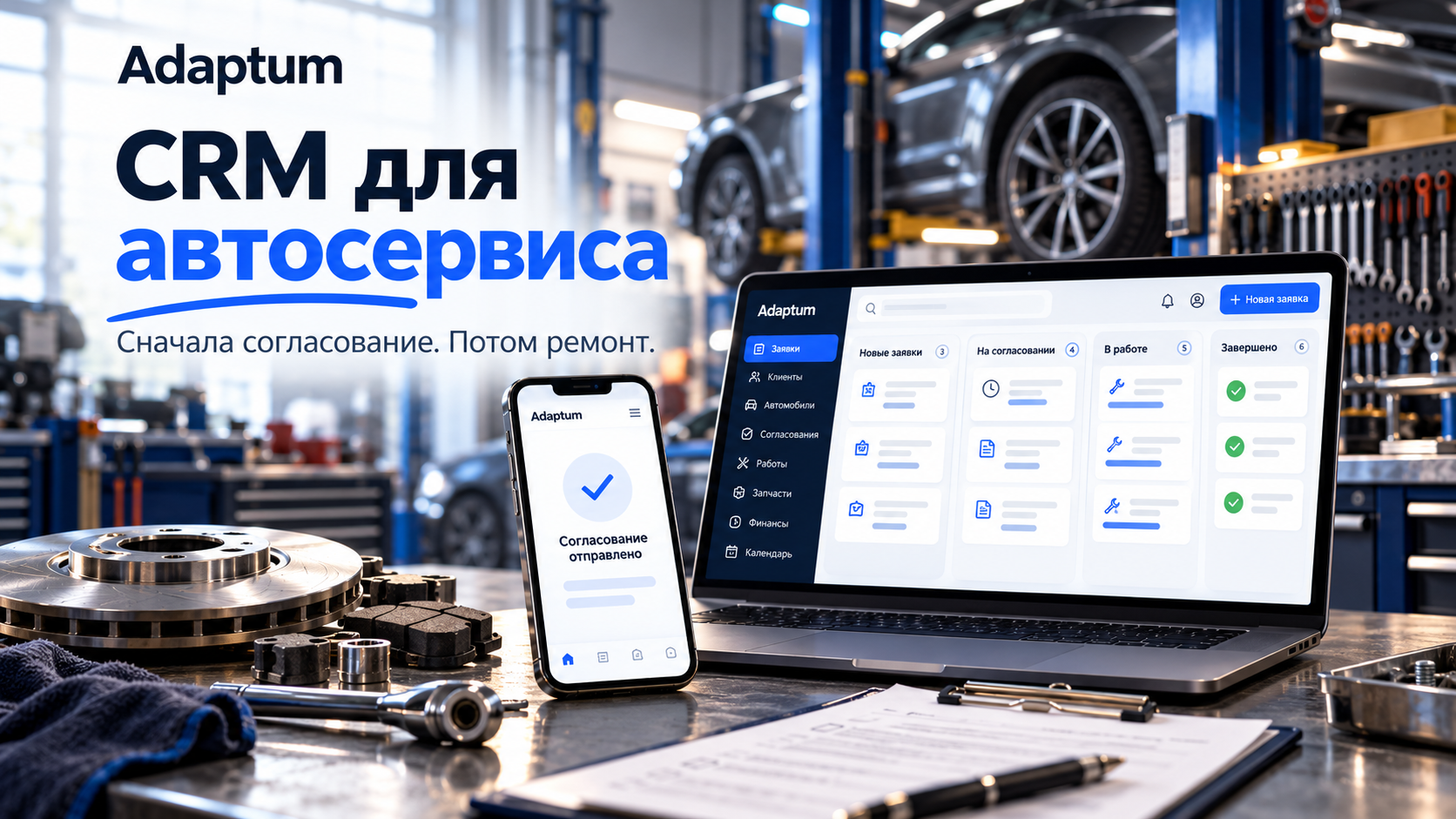 Концептуальная обложка CRM для автосервиса: автомобиль на подъёмнике, запчасти и устройства с условными карточками работ