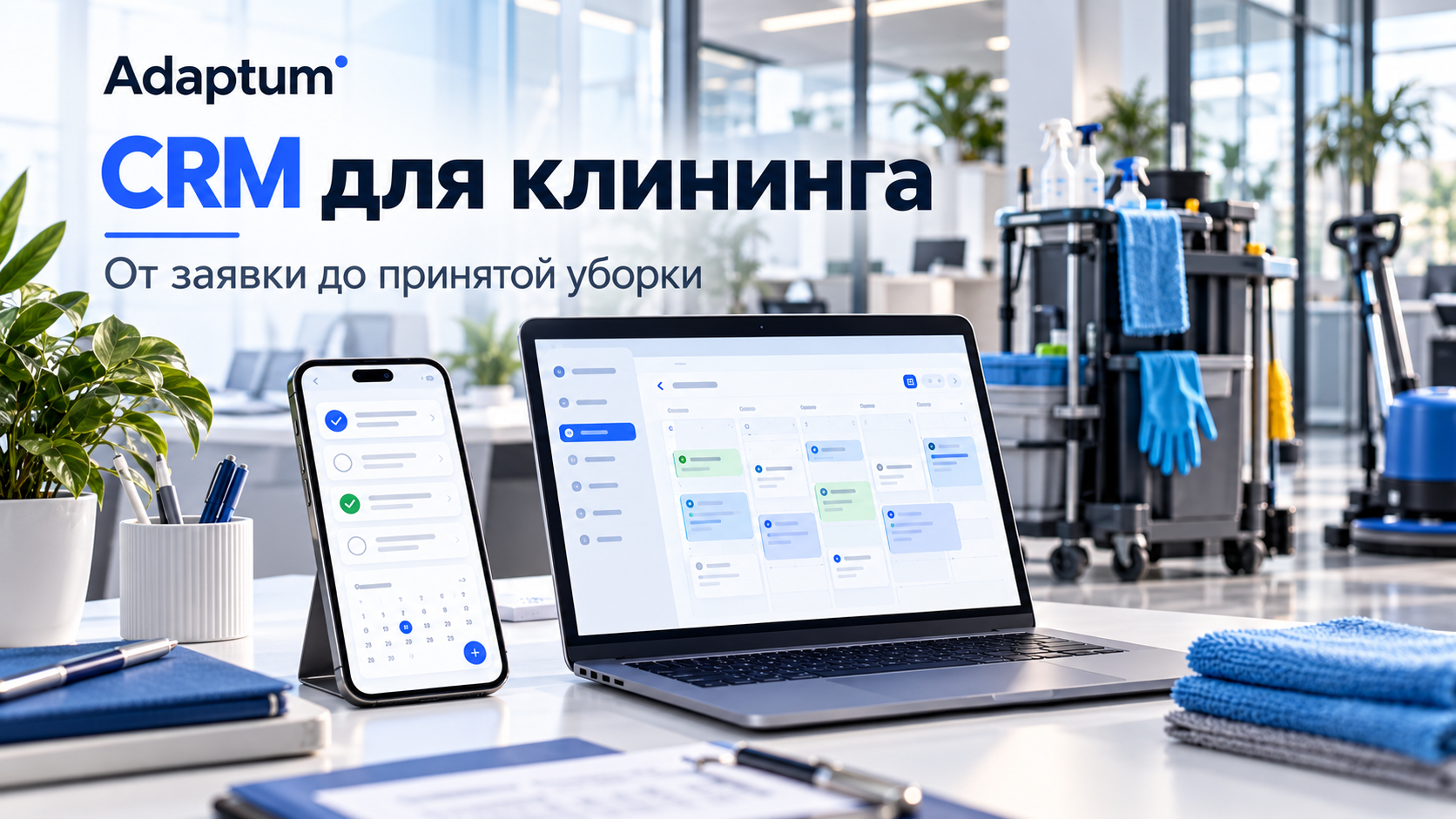 Концептуальная обложка CRM для клининговой компании: уборочный инвентарь, офис, ноутбук и телефон