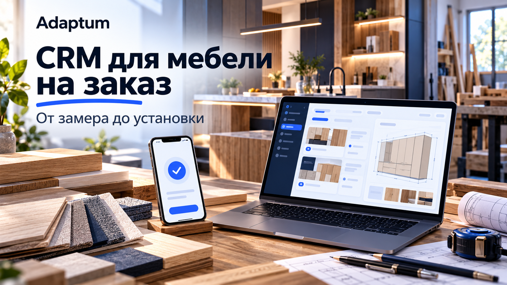 Концептуальная обложка CRM для мебели на заказ: образцы дерева, чертежи, ноутбук и телефон