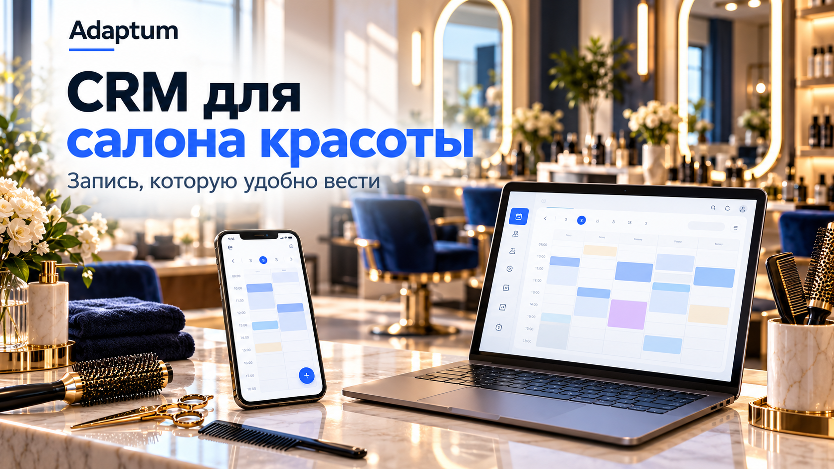 Концептуальная обложка CRM для салона красоты: кресла, зеркала, инструменты, ноутбук и телефон